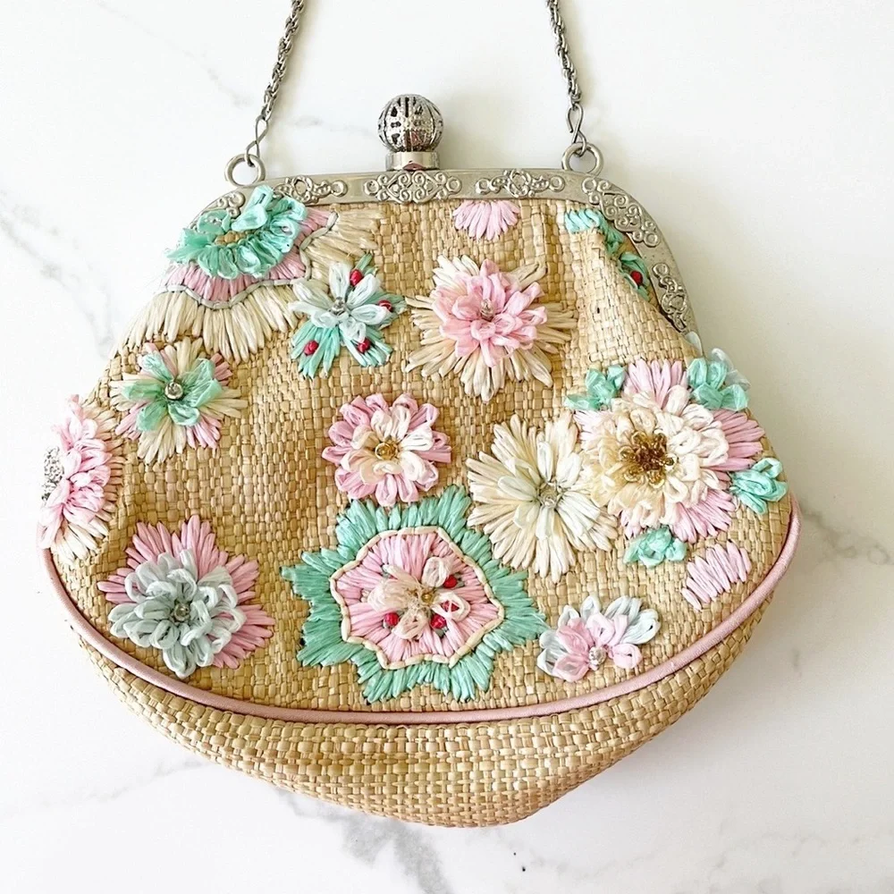 LA REGALE vintage woven purse brown pink green silver chain - Picture 5 of 7